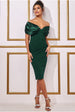 Goddiva Satin & Scuba Off The Shoulder Midi Dress - Emerald