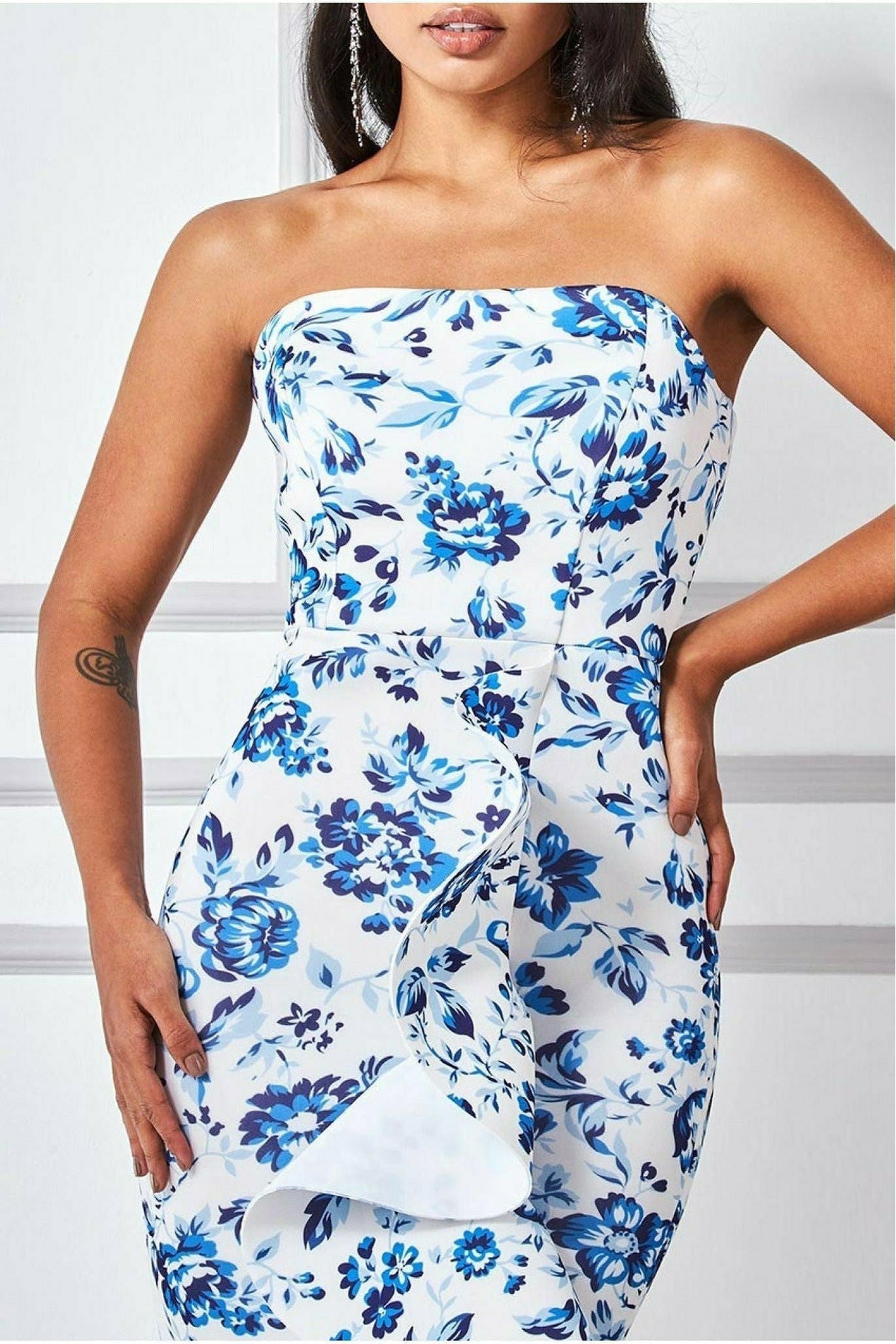 Goddiva Bow Bandeau Midi With Ruffles - Blue Print