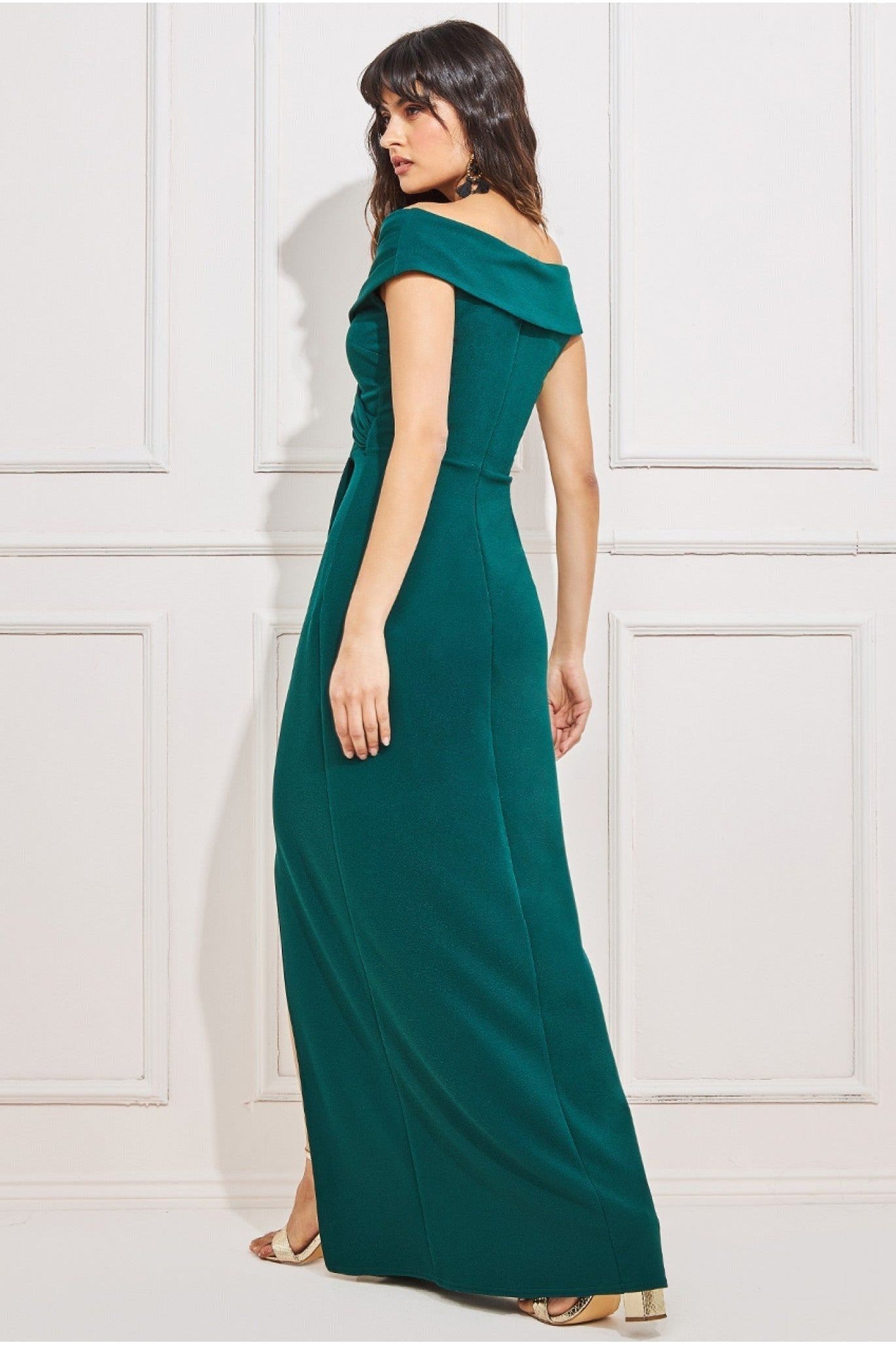 Goddiva Scuba Bardot Wrap Maxi Dress - Emerald