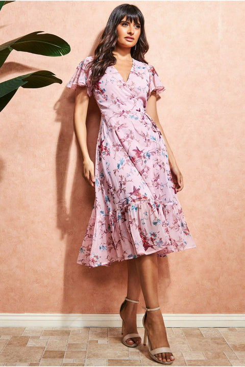 City Goddess Wrap Flutter Sleeve Floral Midi Dress - Peach