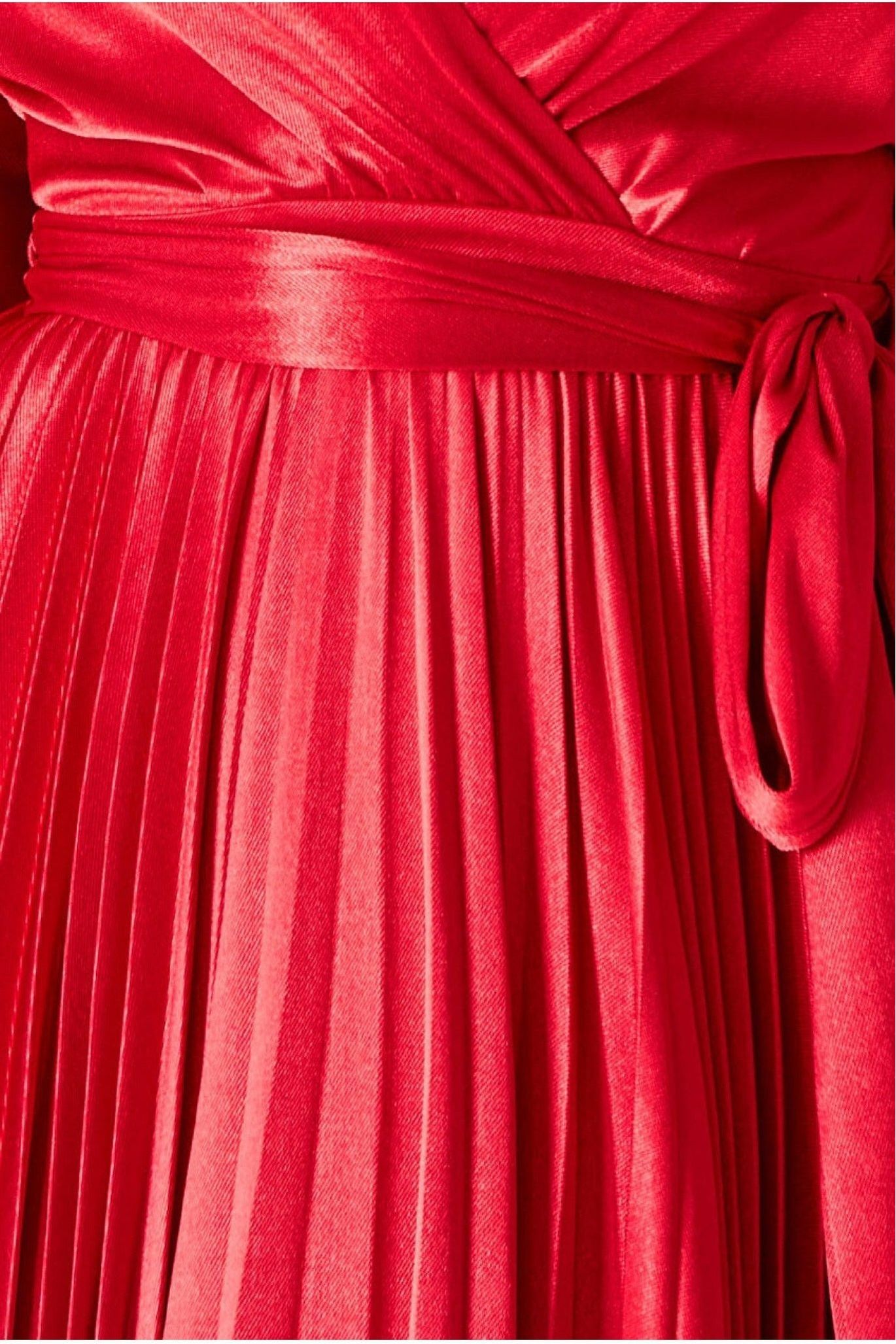 Goddiva Satin Pleated Skirt Wrap Midi Dress - Red