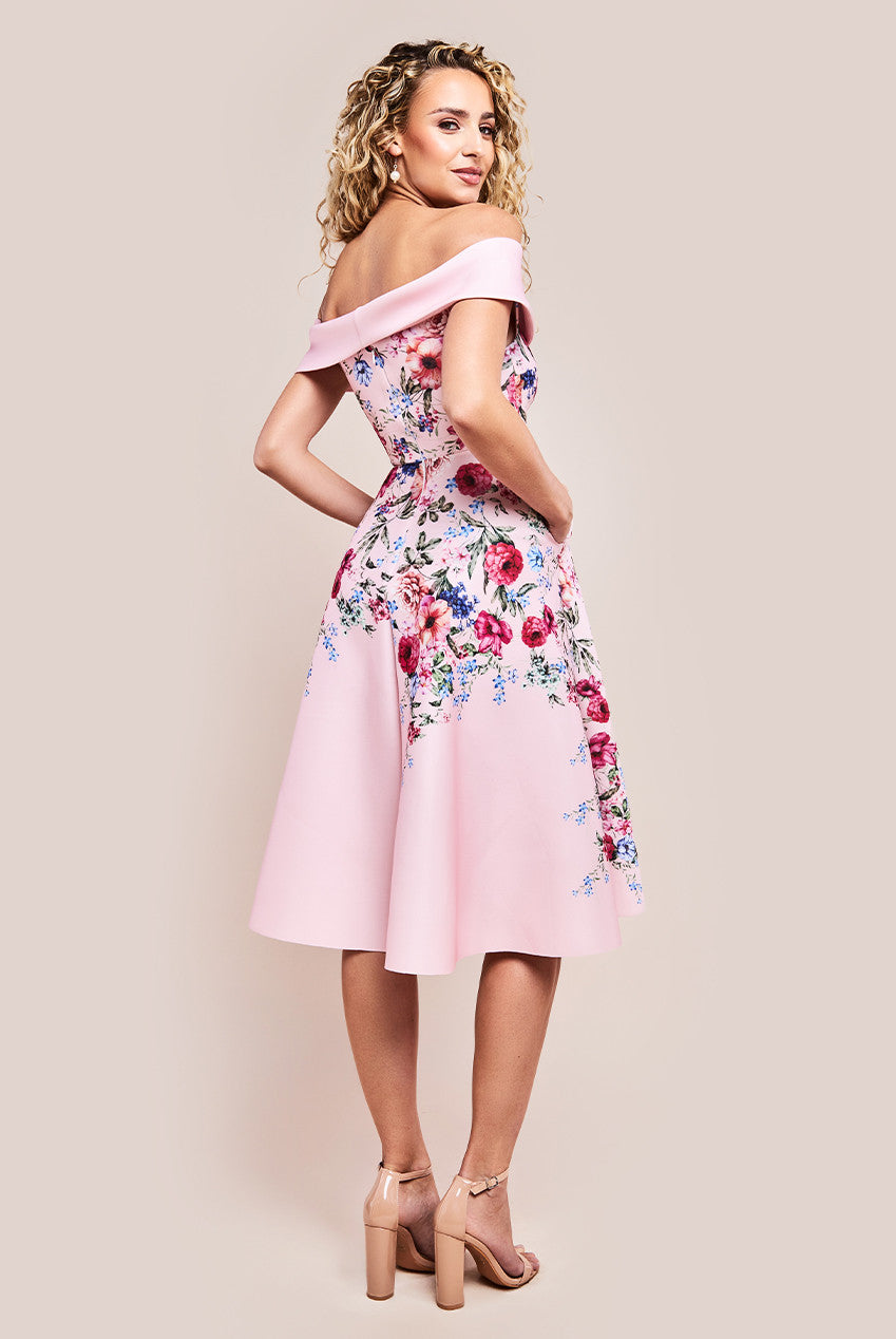 Goddiva Scuba Foam Floral Bardot Midi Dress - Blush