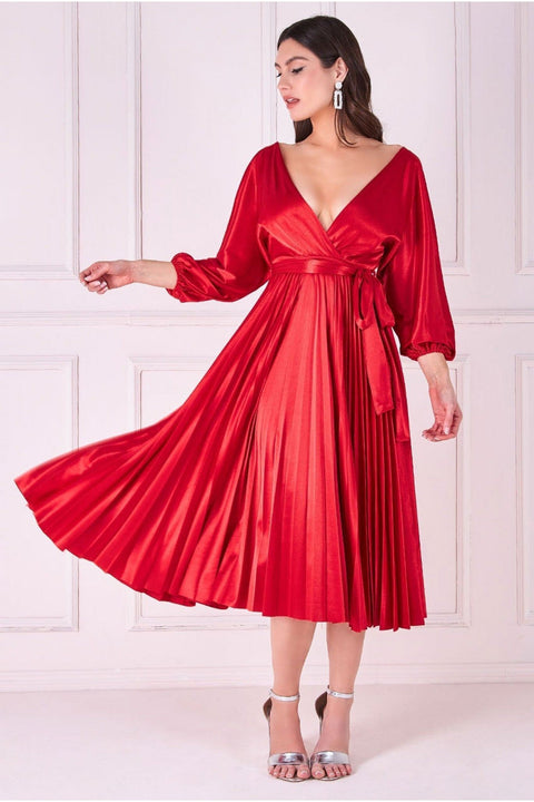 Goddiva Satin Pleated Skirt Wrap Midi Dress - Red