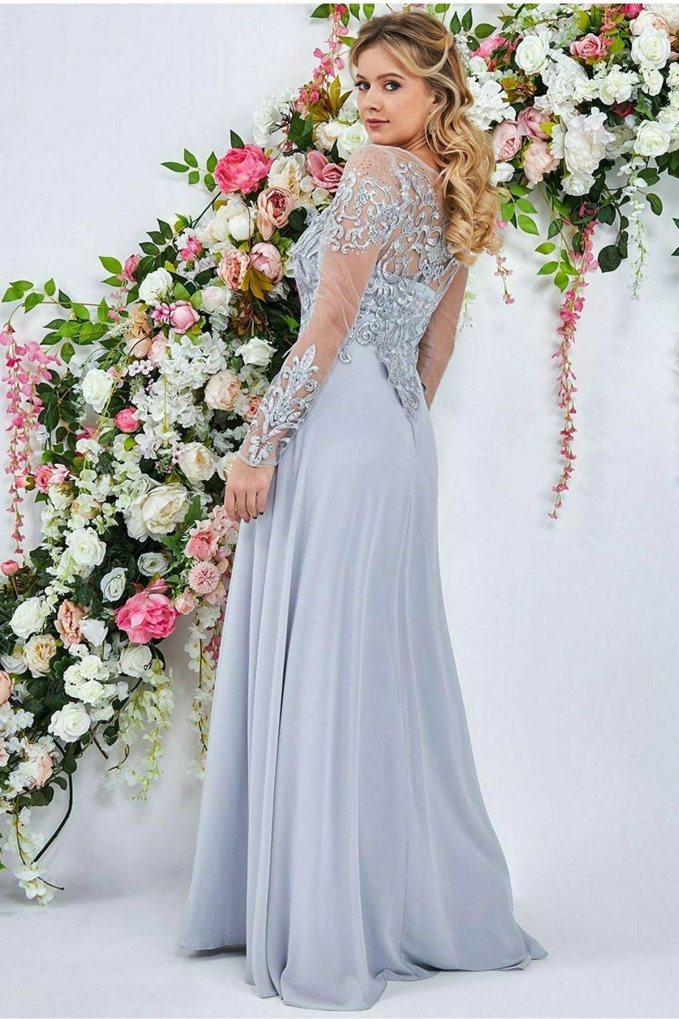 Goddiva Mesh & Lace Embroidered Bodice Maxi - Gray