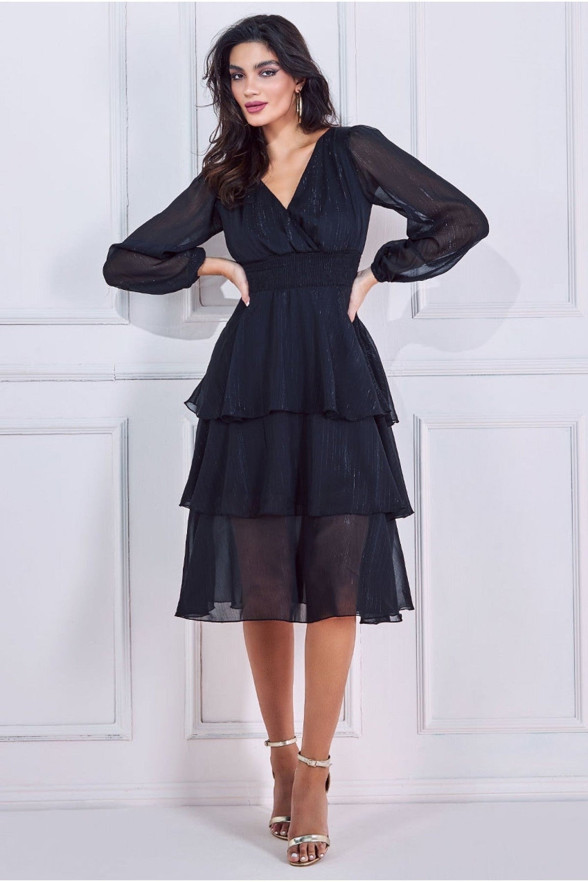 Goddiva Long Sleeve Tiered Midi Dress - Black