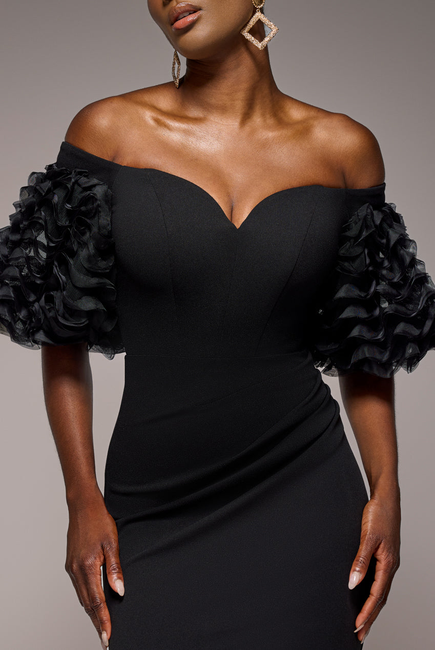 Goddiva Off The Shoulder 3D Puffed Sleeve Sweetheart Maxi Dress - Black