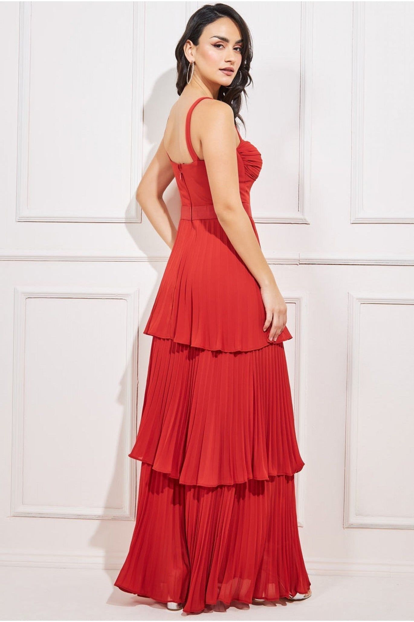 Goddiva Pleated Chiffon Tiered Maxi Dress - Burnt Orange