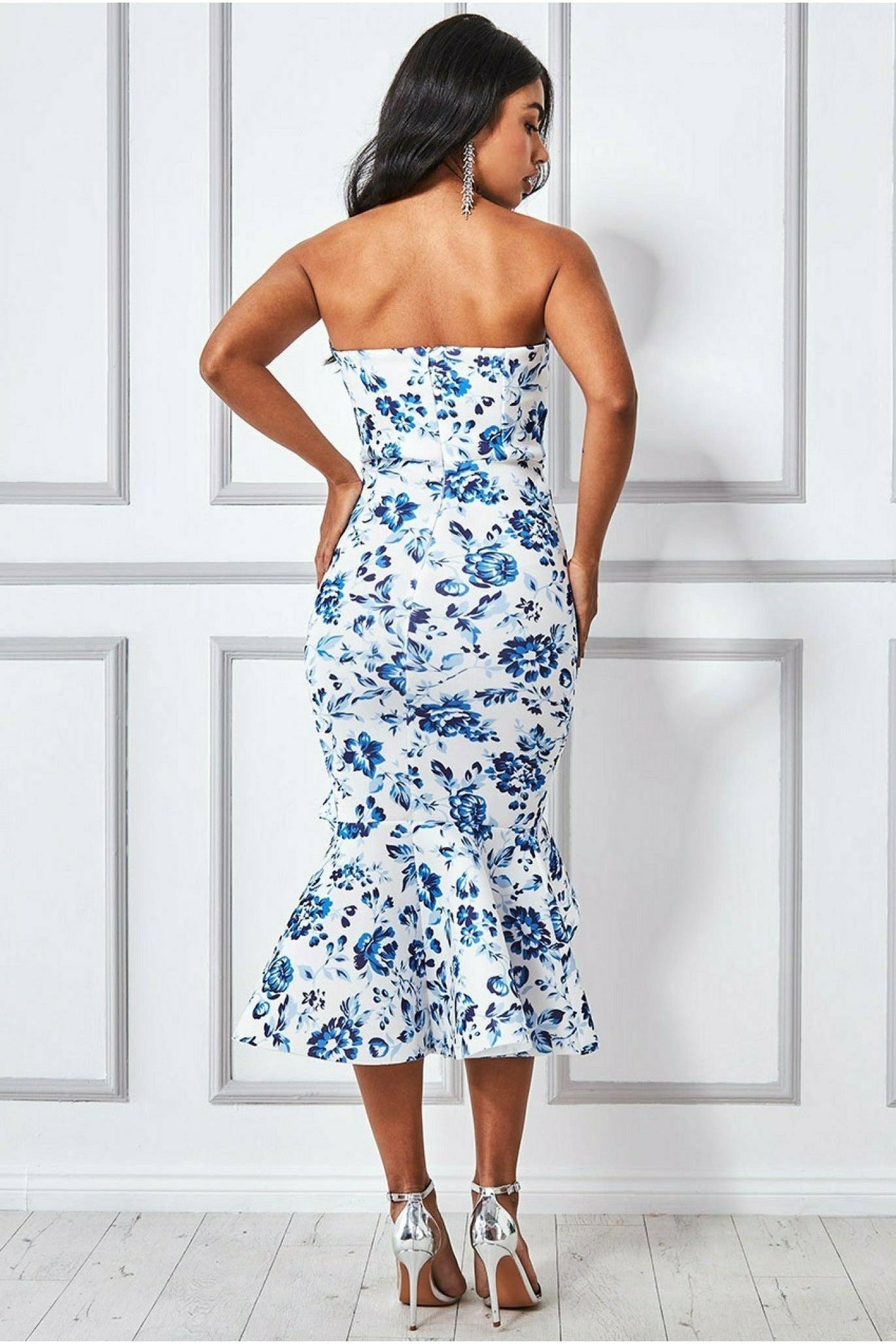 Goddiva Bow Bandeau Midi With Ruffles - Blue Print