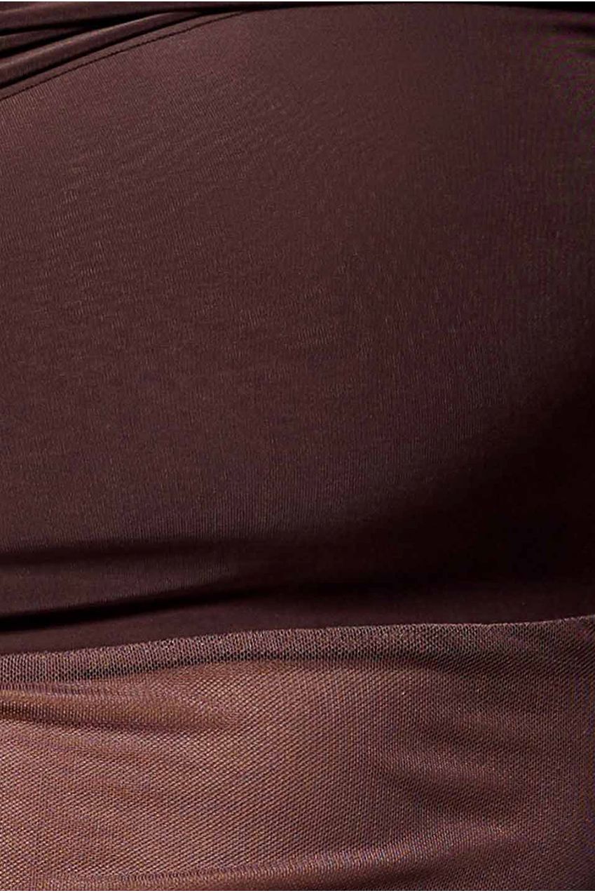 Goddiva Gathered Bardot Asymmetric Mesh Panel Top - Brown