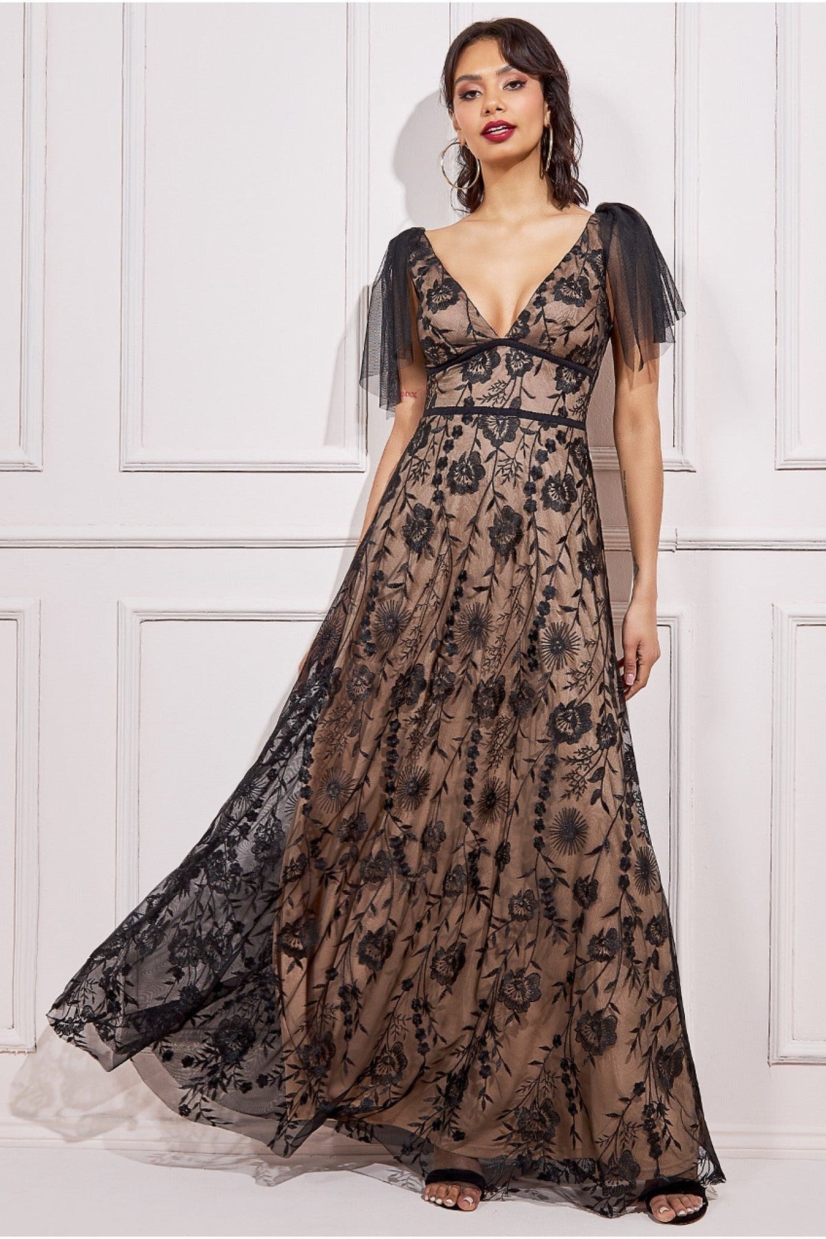 Goddiva Embroidered Lace Maxi Flutter Sleeves - Black