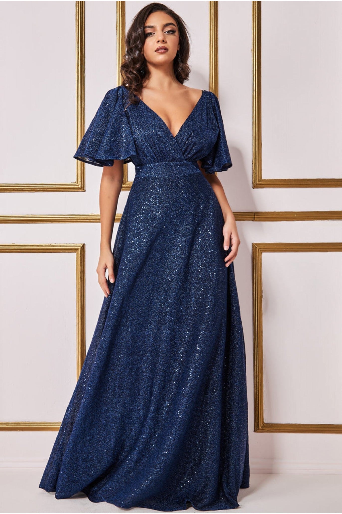 Goddiva Sequin Lurex Flutter Sleeve Maxi Dress - Navy