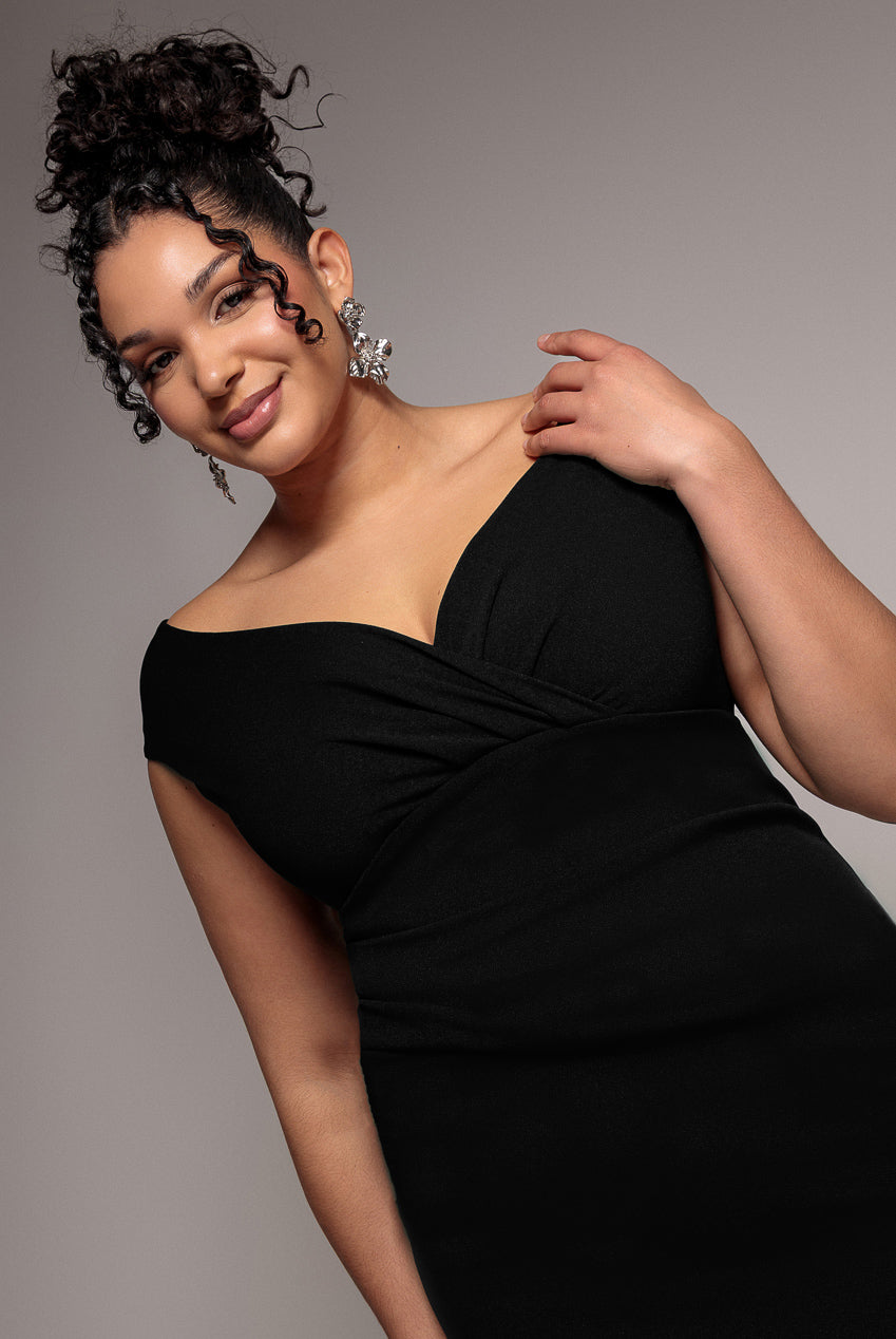 Goddiva Plus Bardot Pleated Midi Dress - Black