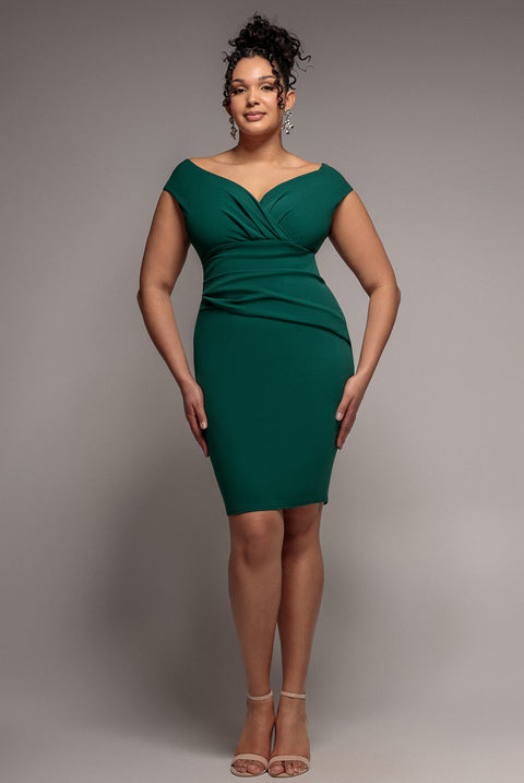 Goddiva Plus Bardot Pleated Midi Dress - Emerald Green