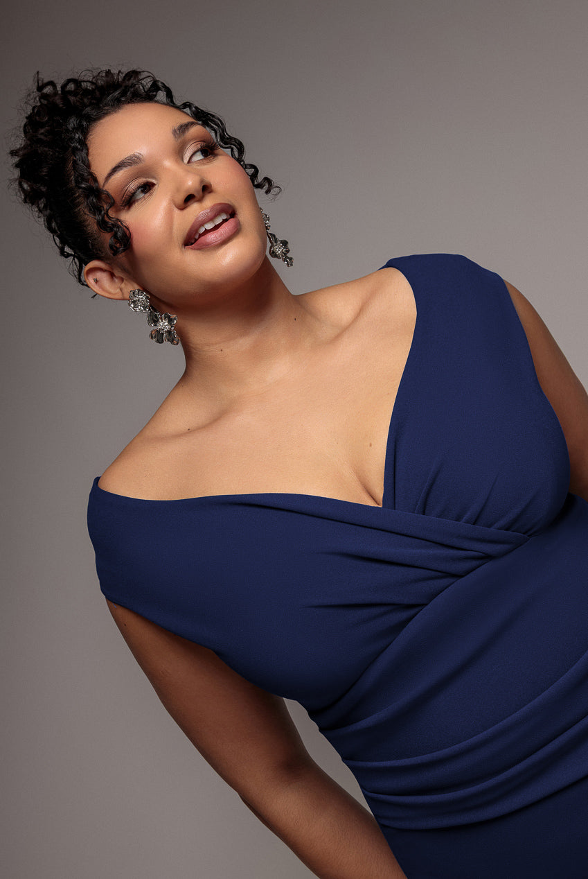 Goddiva Plus Bardot Pleated Midi Dress - Navy Blue