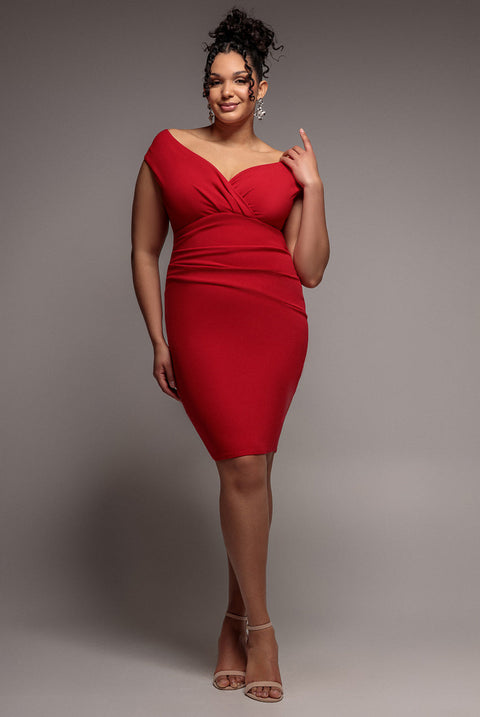 Goddiva Plus Bardot Pleated Midi Dress - Red