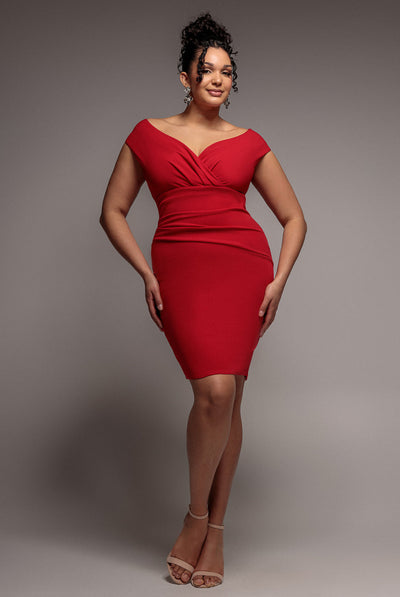 Goddiva Plus Bardot Pleated Midi Dress - Red