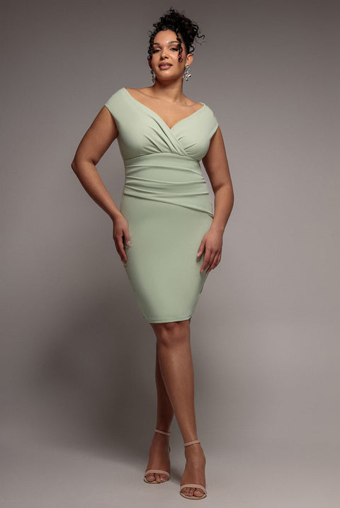 Goddiva Plus Bardot Pleated Midi Dress- Sage Green