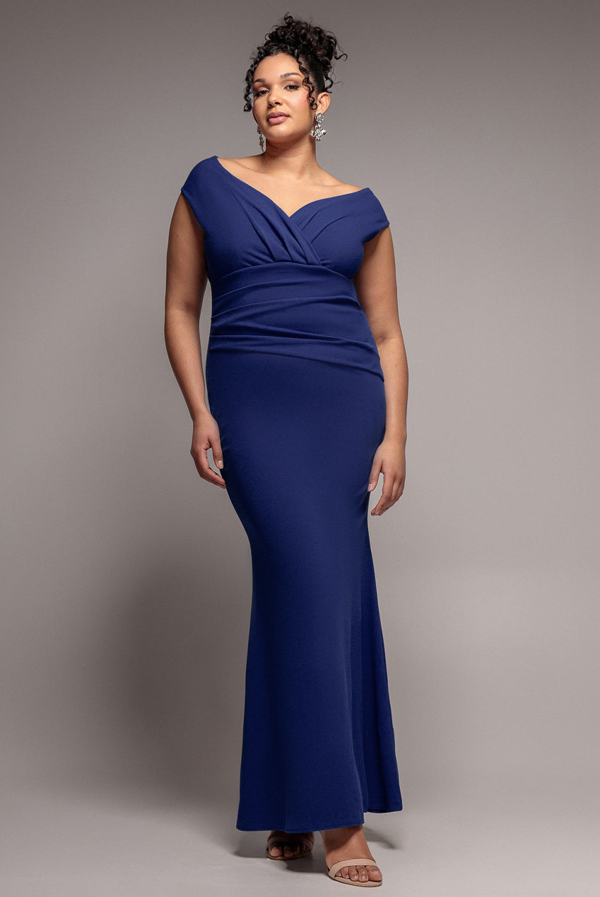Goddiva Plus Bardot Pleated Maxi Dress - Navy
