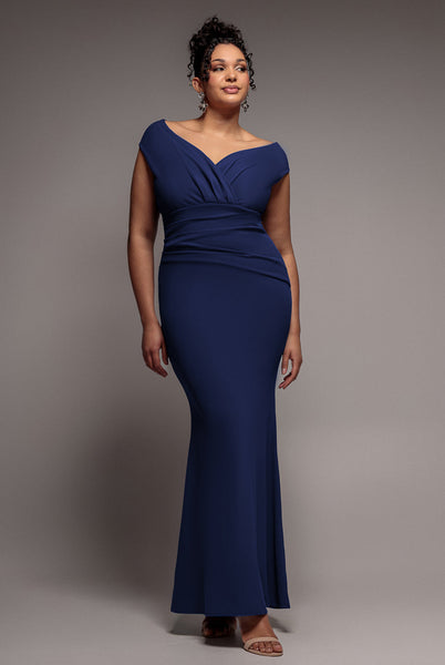 goddiva bardot pleated maxi dress product info and reviews - Navy Blue basically any occasion you Satin Long Sleeve Cutout CAP-SLEEVE-DRESS To you:L/40