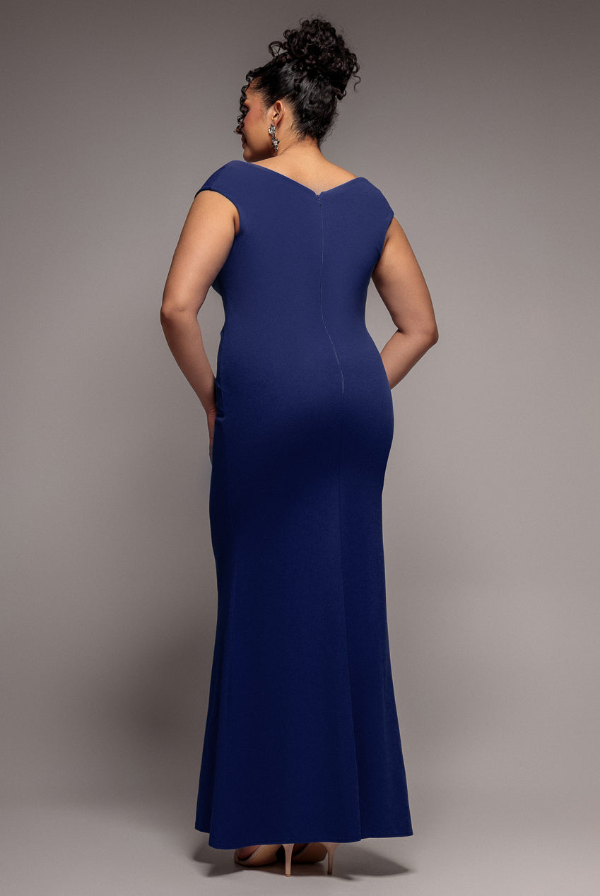 Goddiva Plus Bardot Pleated Maxi Dress - Navy
