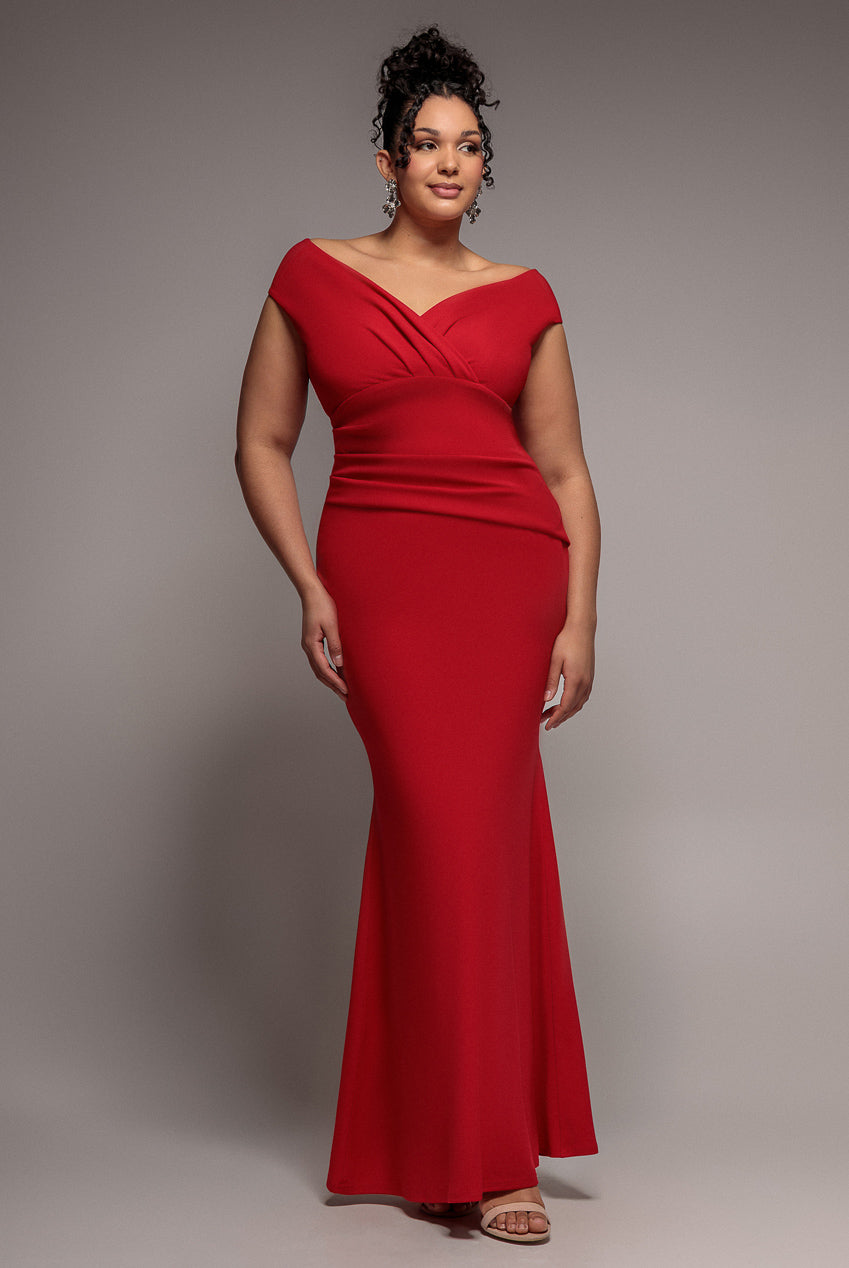 Goddiva Plus Bardot Pleated Maxi Dress - Red
