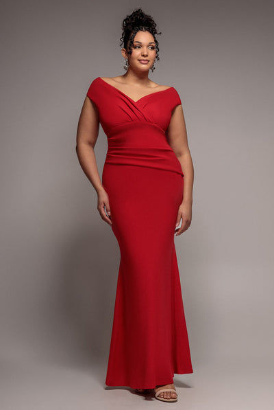 Red - Goddiva Plus Bardot Pleated Maxi Dress - Red