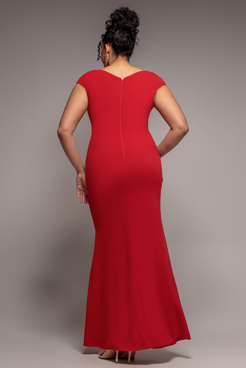 Goddiva Plus Bardot Pleated Maxi Dress - Red