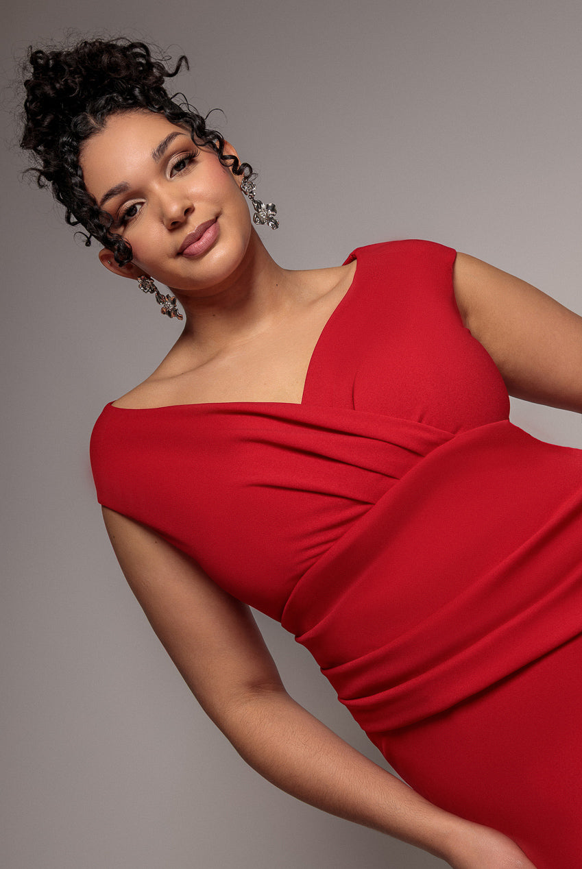 Goddiva Plus Bardot Pleated Maxi Dress - Red