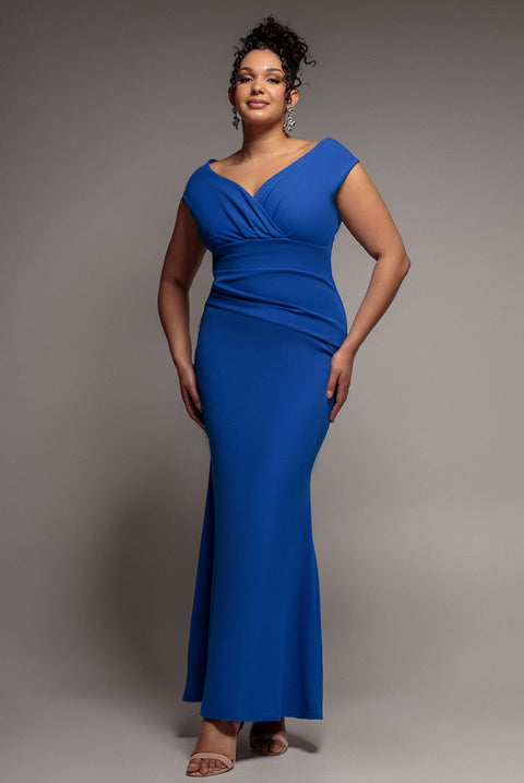 Goddiva Plus Bardot Pleated Maxi Dress - Royalblue