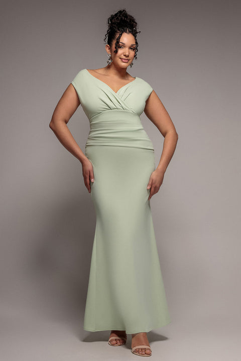 Goddiva Plus Bardot Pleated Maxi Dress - Sage Green