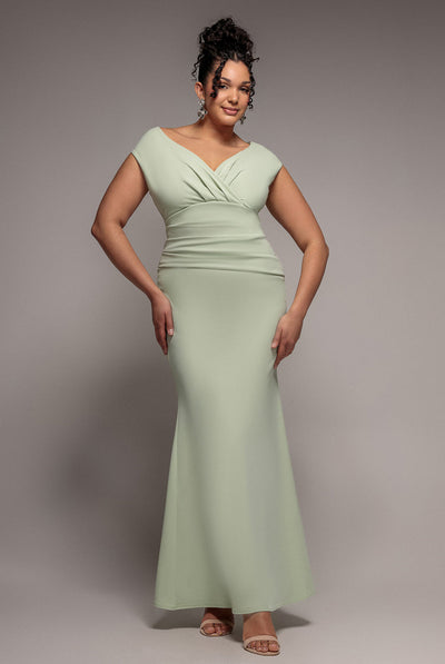 SageGreen - Goddiva Plus Bardot Pleated Maxi Dress - Sage Green