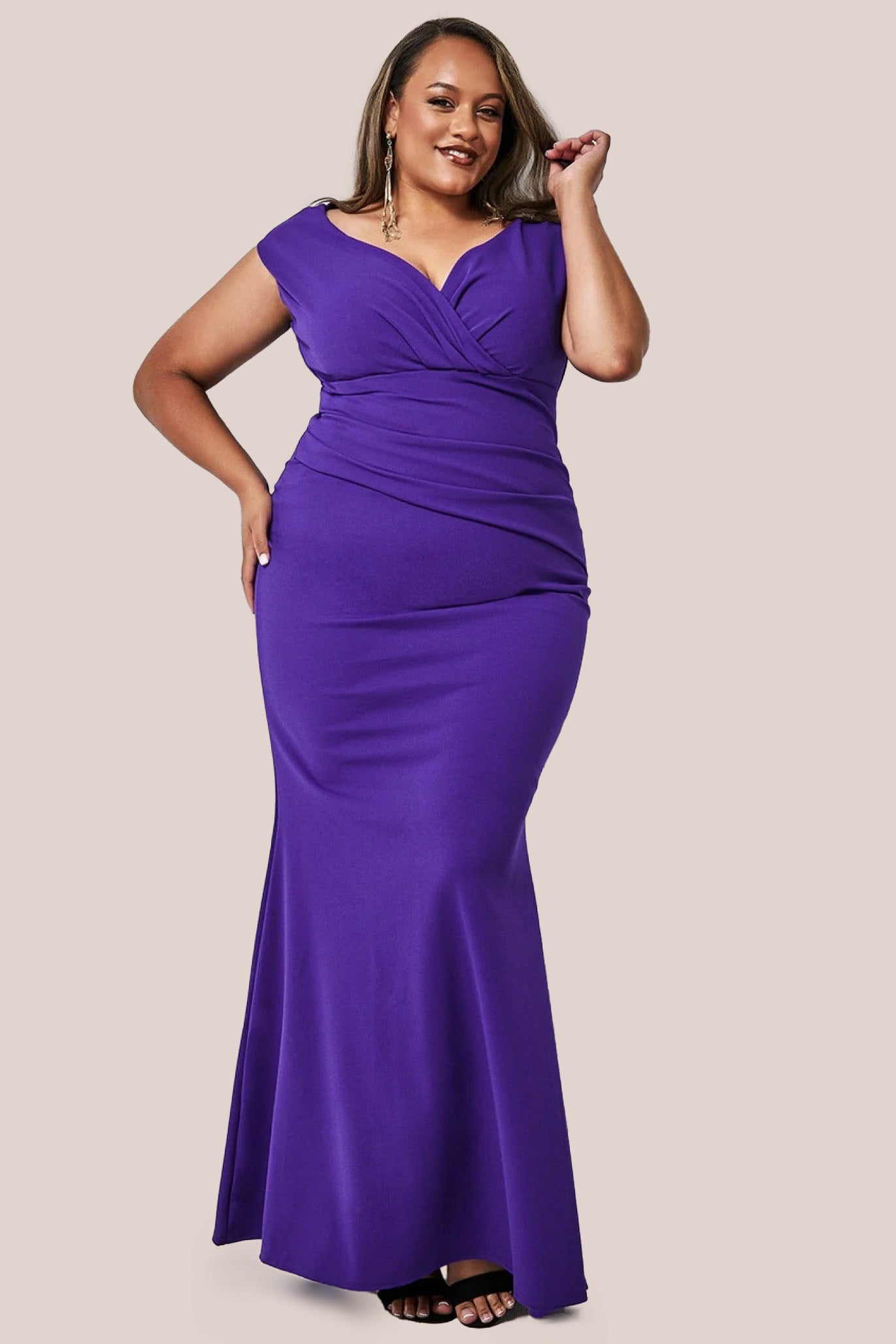 Goddiva Plus Bardot Pleated Maxi Dress - Purple