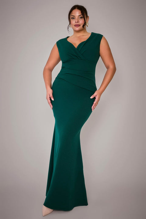 Goddiva Plus Bardot Pleated Maxi Dress - Emerald Green