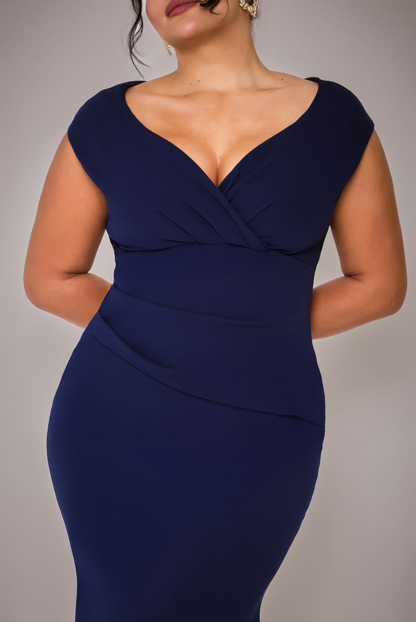 Goddiva Plus Bardot Pleated Maxi Dress - Navy Blue