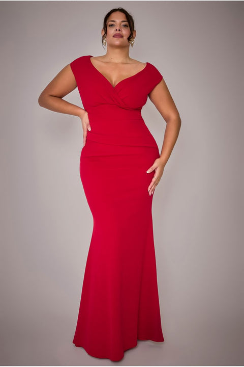 Goddiva Plus Bardot Pleated Maxi Dress - Red