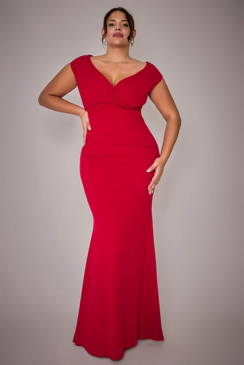 Goddiva Plus Bardot Pleated Maxi Dress - Red