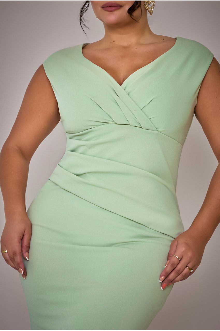 Goddiva Plus Bardot Pleated Maxi Dress - Sage Green