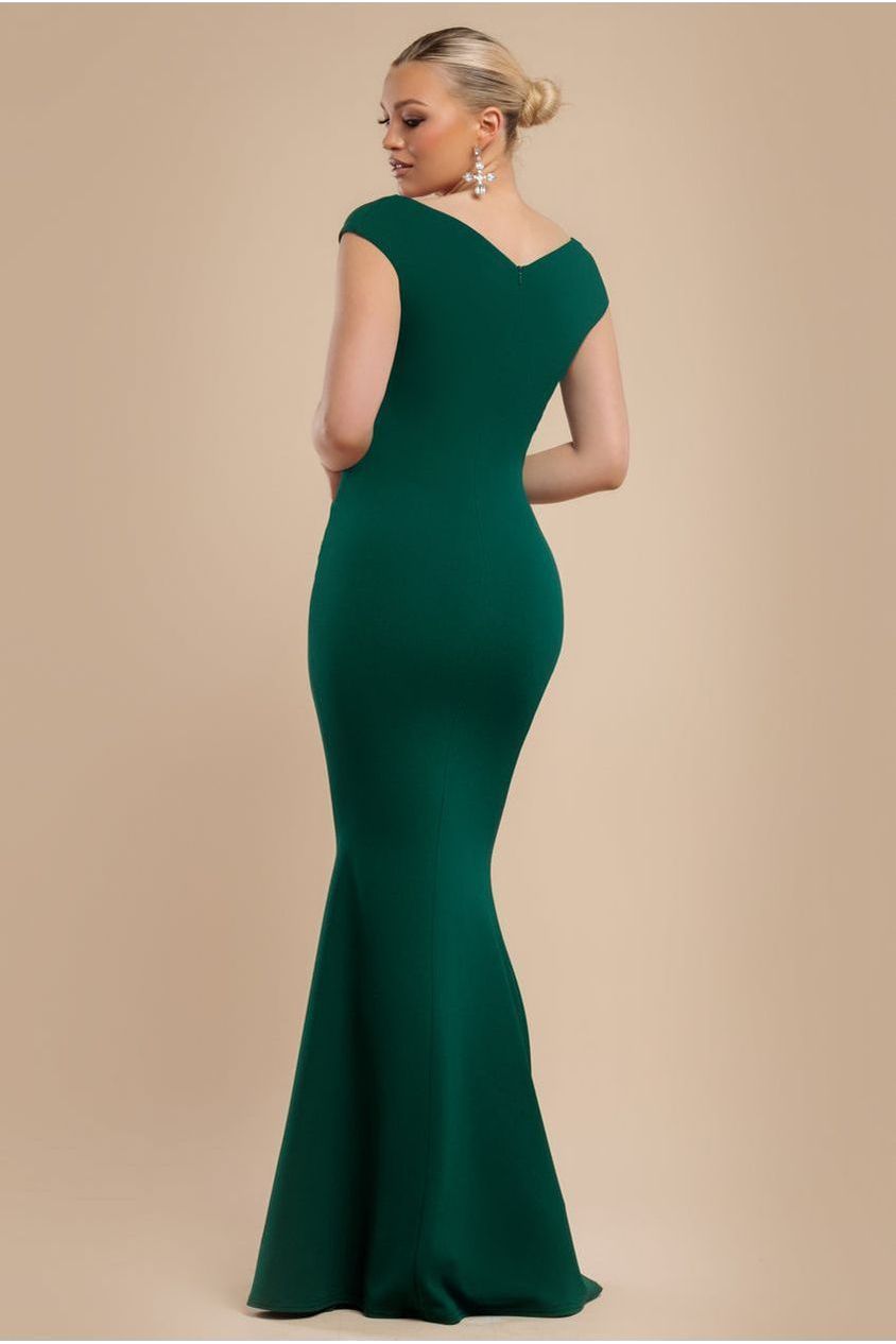 Goddiva Bardot Pleated Maxi Dress - EmeraldGreen