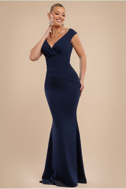 Goddiva Bardot Pleated Maxi Dress - Navy Blue