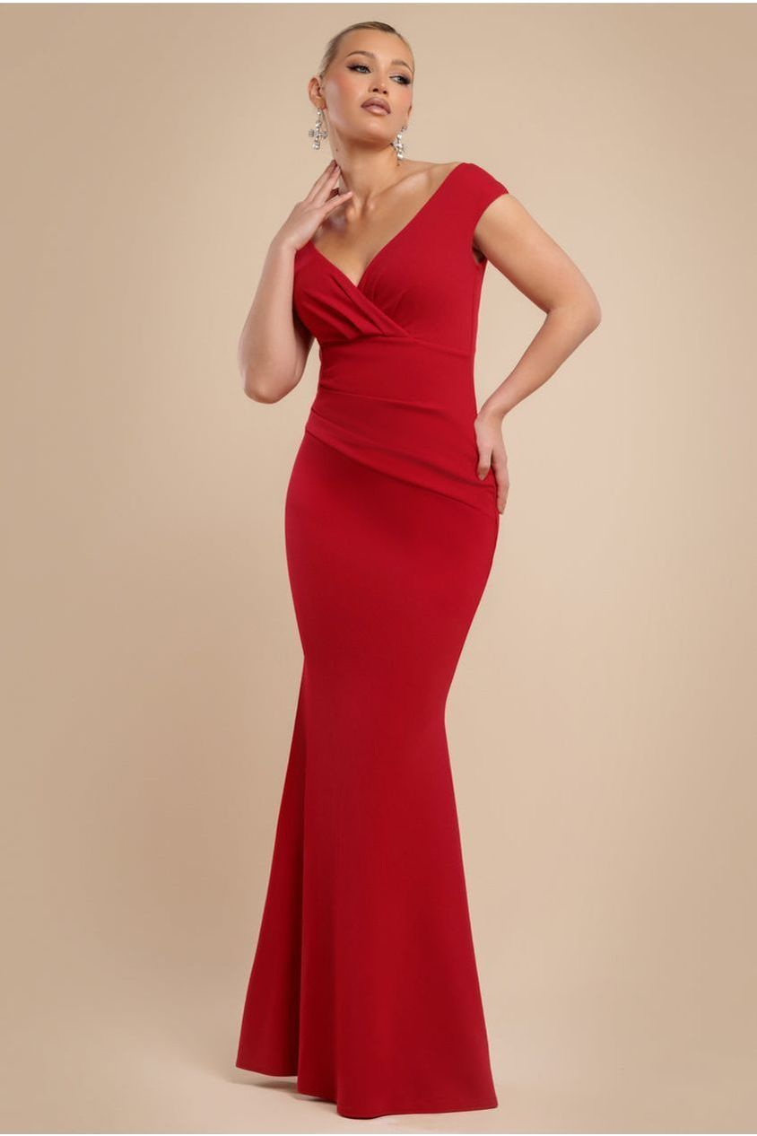 Goddiva Bardot Pleated Maxi Dress - Red