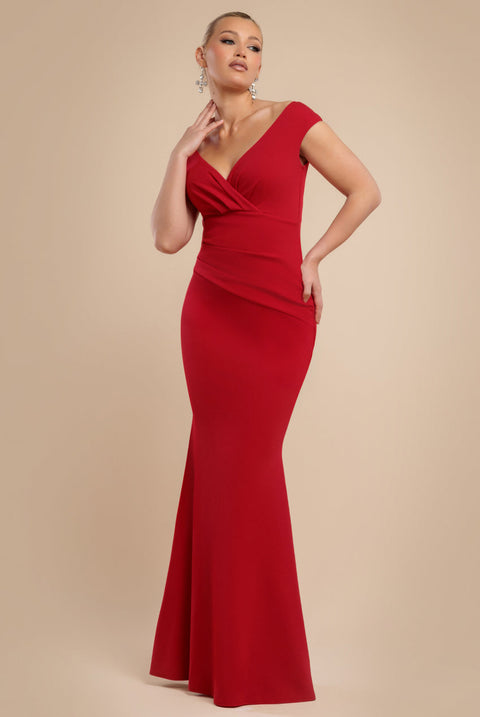 Goddiva Bardot Pleated Maxi Dress - Red
