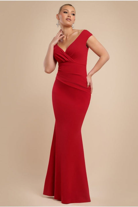 Goddiva Bardot Pleated Maxi Dress - Red