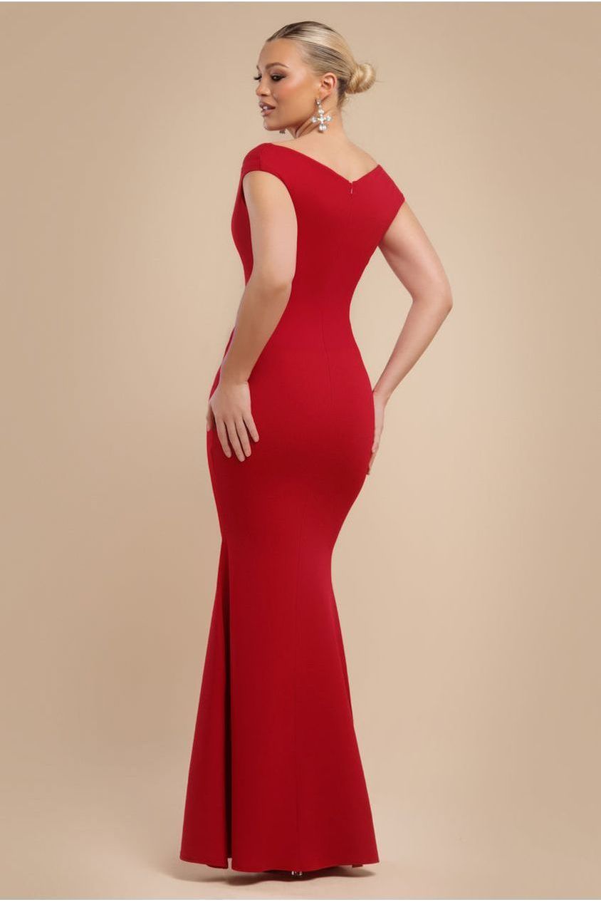 Goddiva Bardot Pleated Maxi Dress - Red