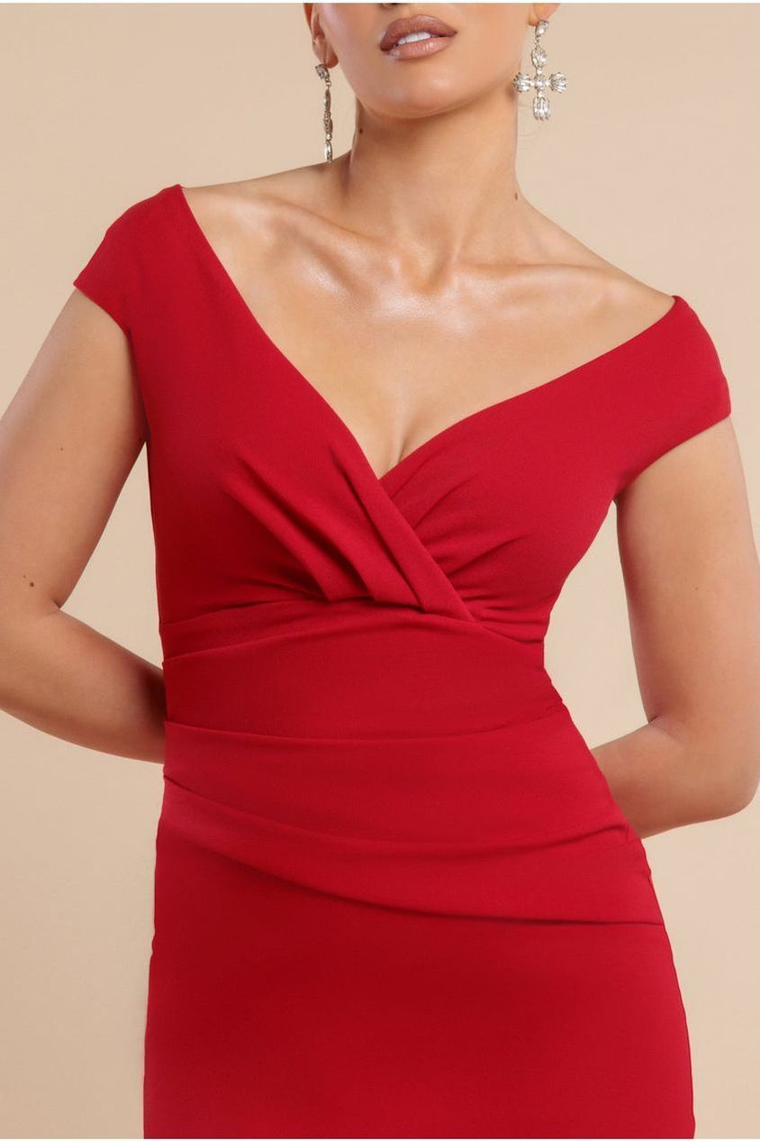 Goddiva Bardot Pleated Maxi Dress - Red