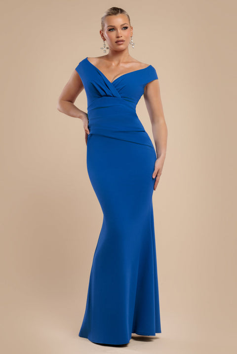 Goddiva Bardot Pleated Maxi Dress - Royal Blue
