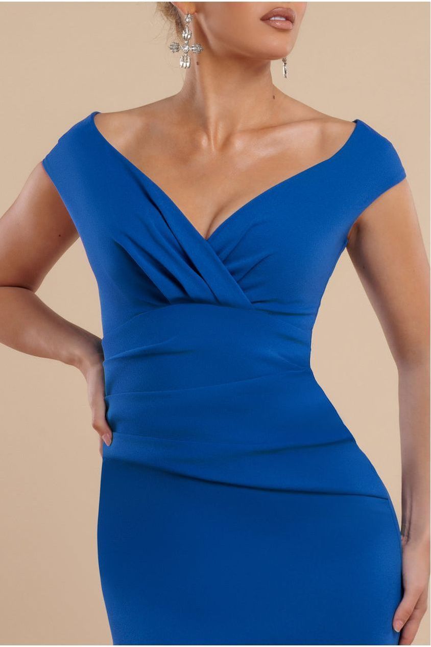 Goddiva Bardot Pleated Maxi Dress - Royal Blue