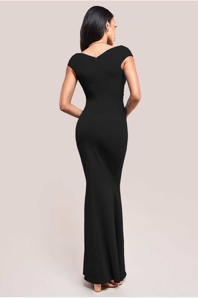 Goddiva Bardot Pleated Maxi Dress - Black