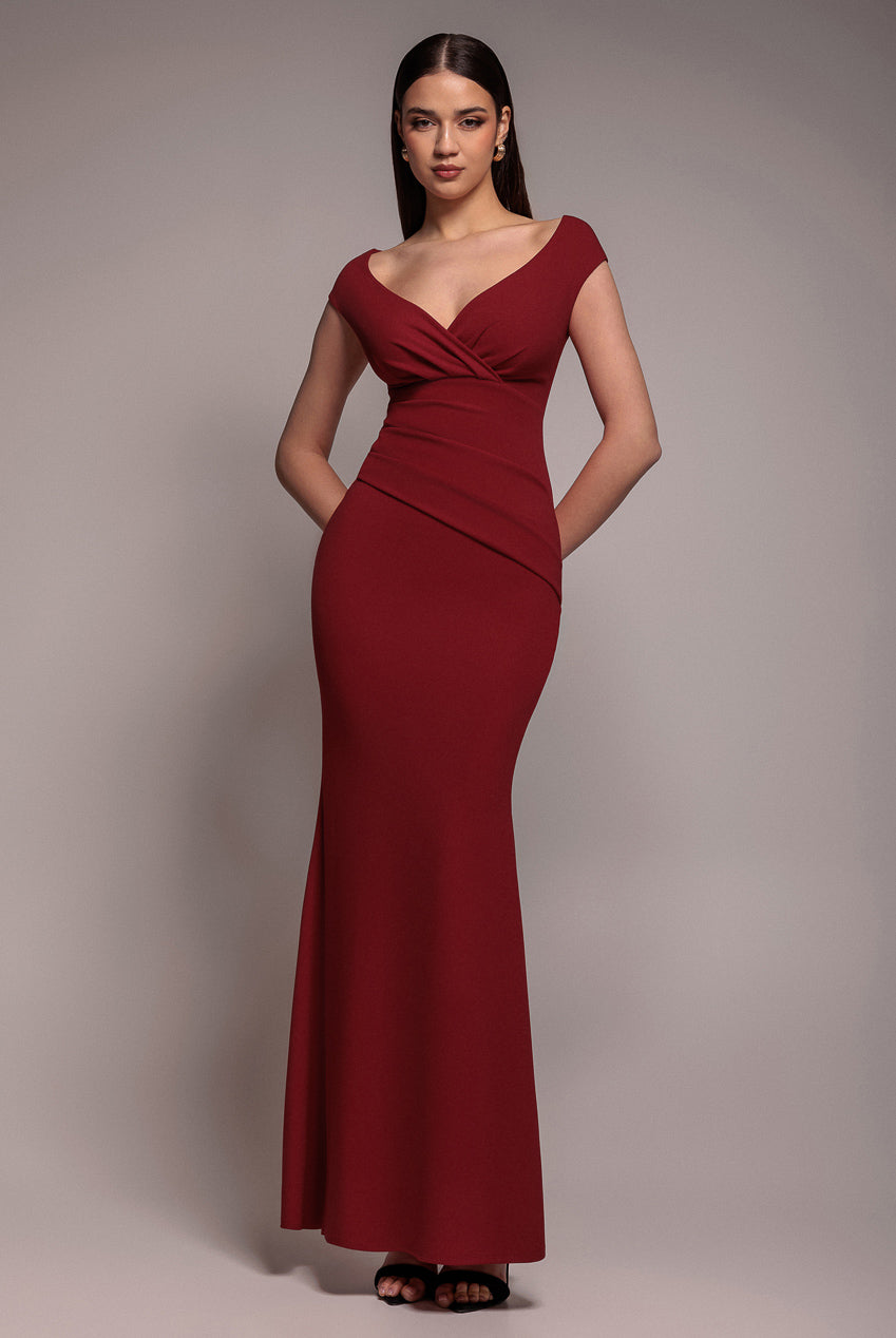 Goddiva Bardot Pleated Maxi Dress - Burgundy