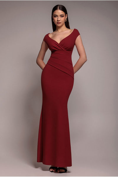 Burgundy - Goddiva Bardot Pleated Maxi Dress - Burgundy