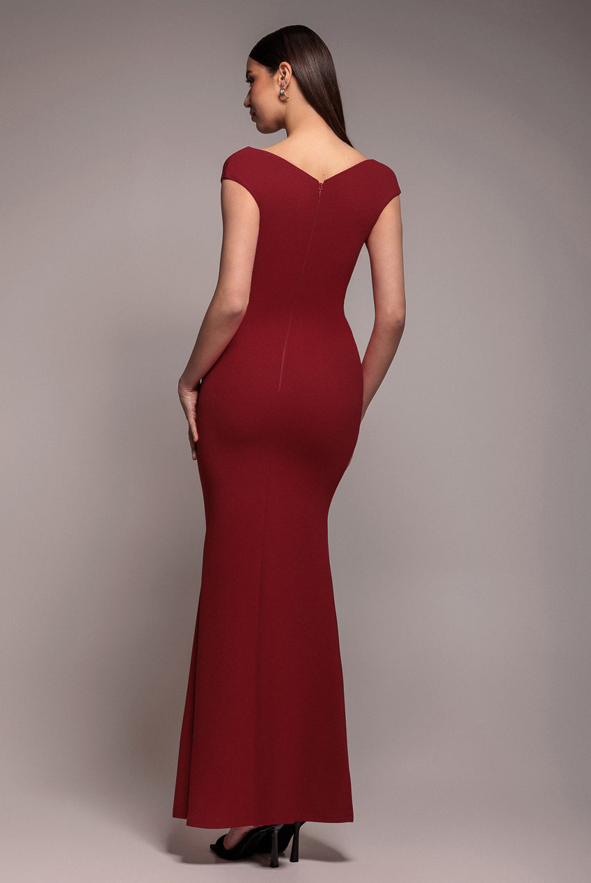 Goddiva Bardot Pleated Maxi Dress - Burgundy